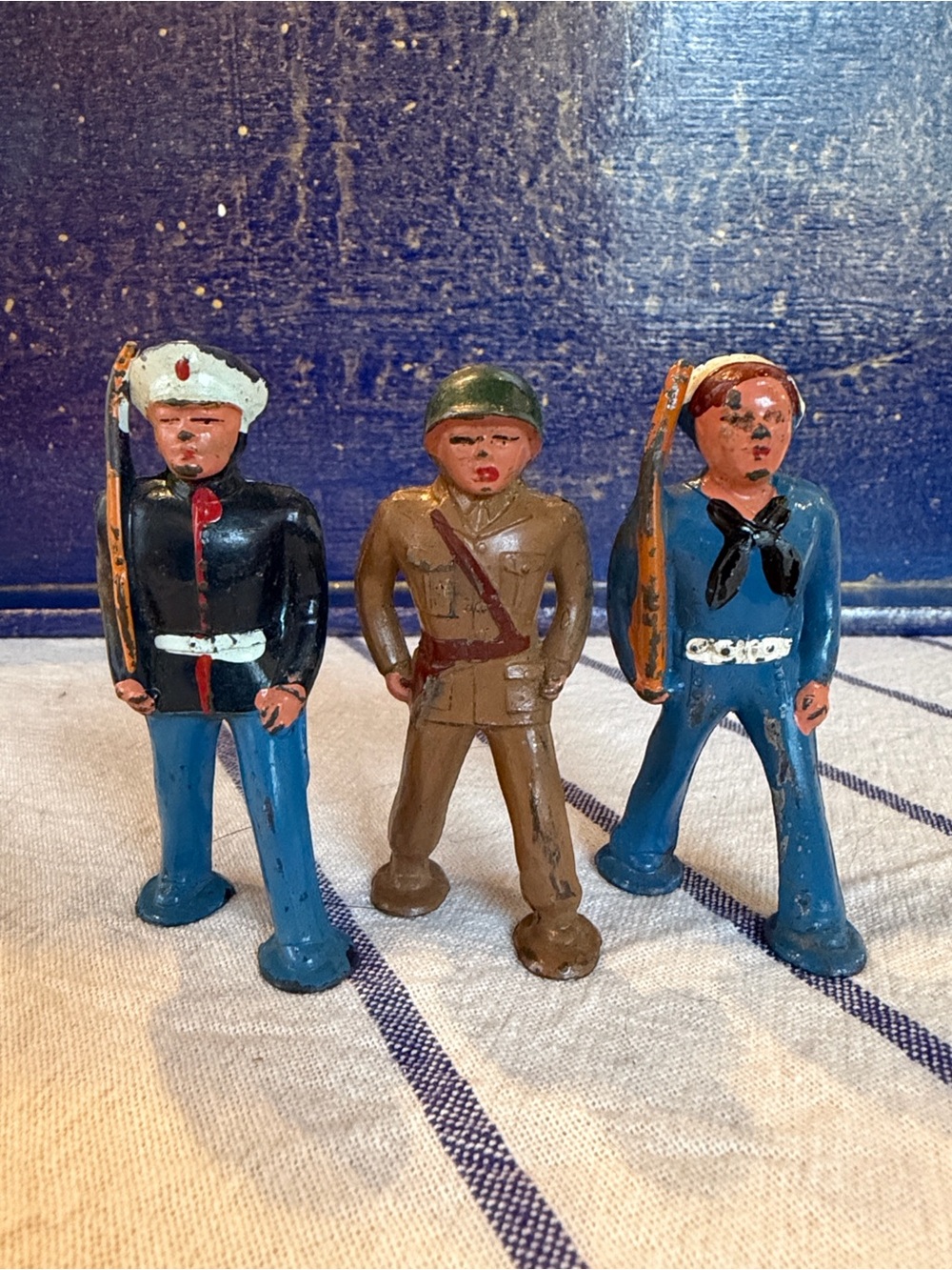 Vintage Set of 3 Kids Toy Soldiers - Blue and Brown